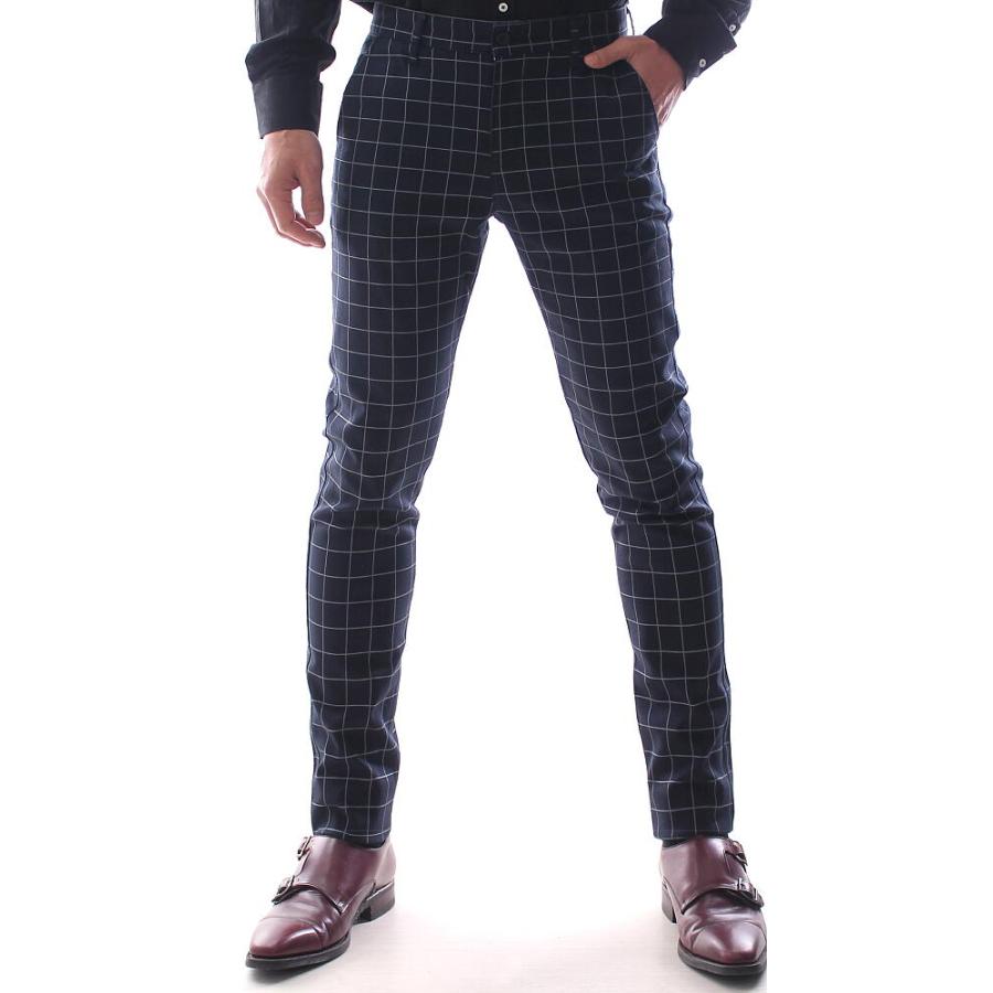 スラックス スキニー チェック ウィンドーペンチェック パンツ 紺