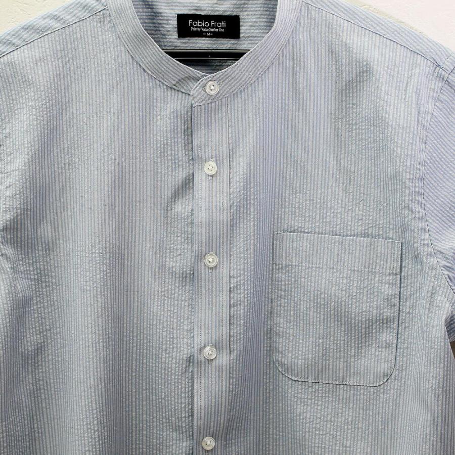 シアサッカー ストライプ 半袖シャツ メンズ バンドカラー マオカラー