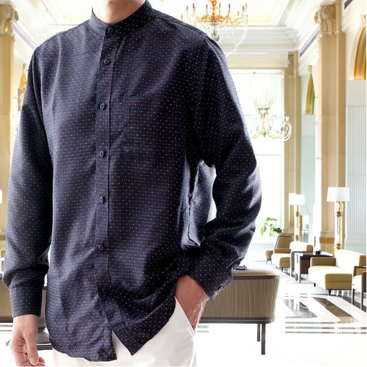 マオカラーシャツ バンドカラーシャツ スタンドカラー ドット柄 黒/紺