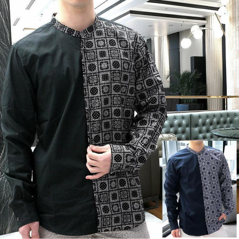 柄シャツ メンズ 長袖 バンダナ柄 綿100％ 長袖シャツ 黒/紺 スタンド