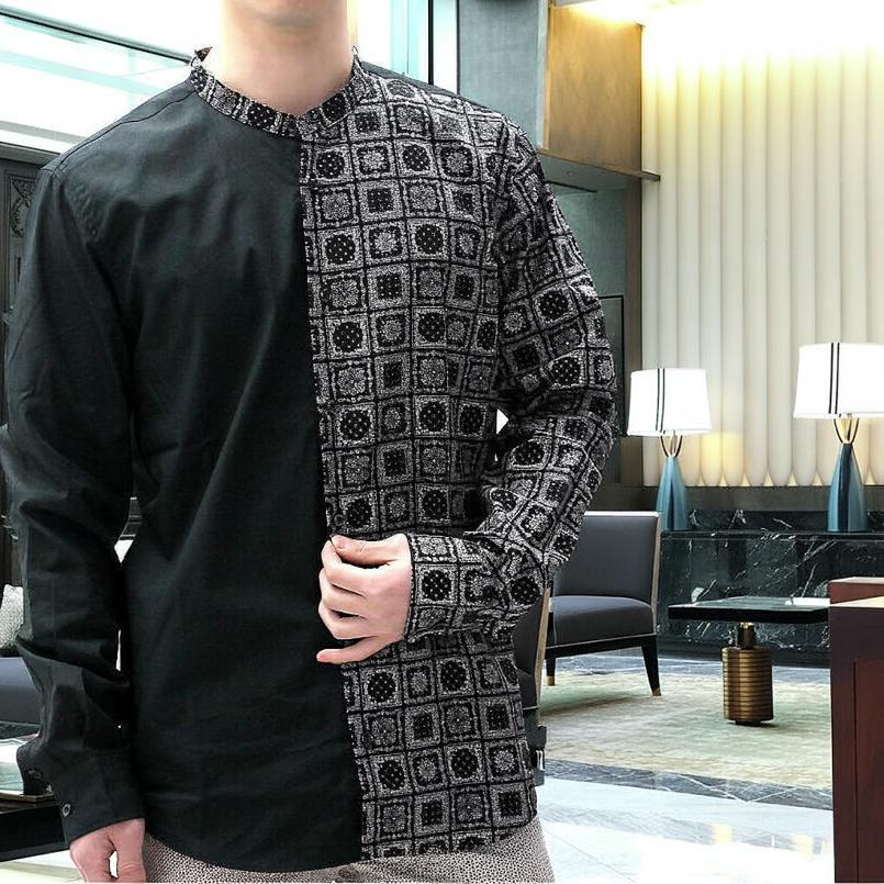 柄シャツ メンズ 長袖 バンダナ柄 綿100％ 長袖シャツ 黒/紺 スタンド