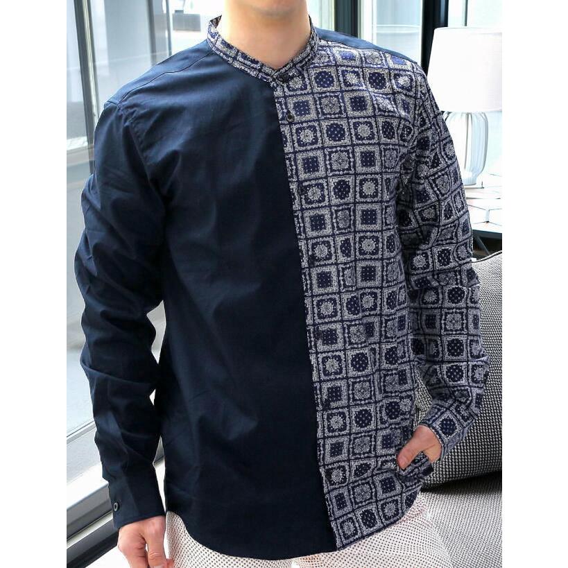 柄シャツ メンズ 長袖 バンダナ柄 綿100％ 長袖シャツ 黒/紺 スタンド