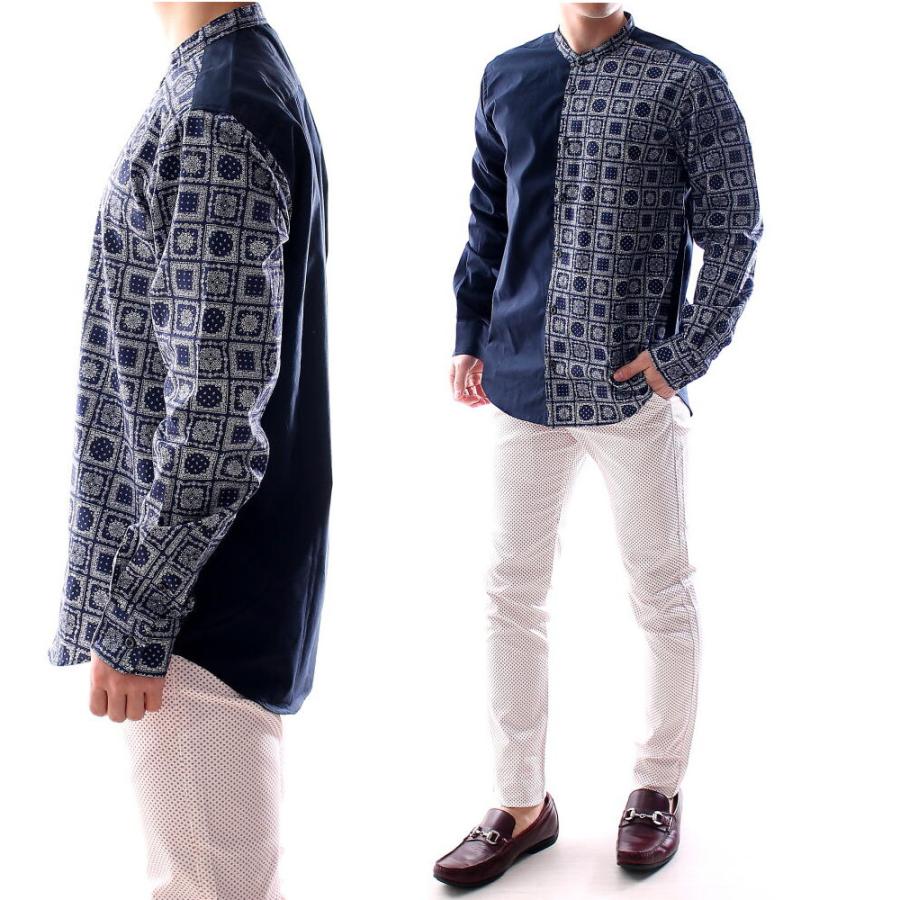 柄シャツ メンズ 長袖 バンダナ柄 綿100％ 長袖シャツ 黒/紺 スタンド