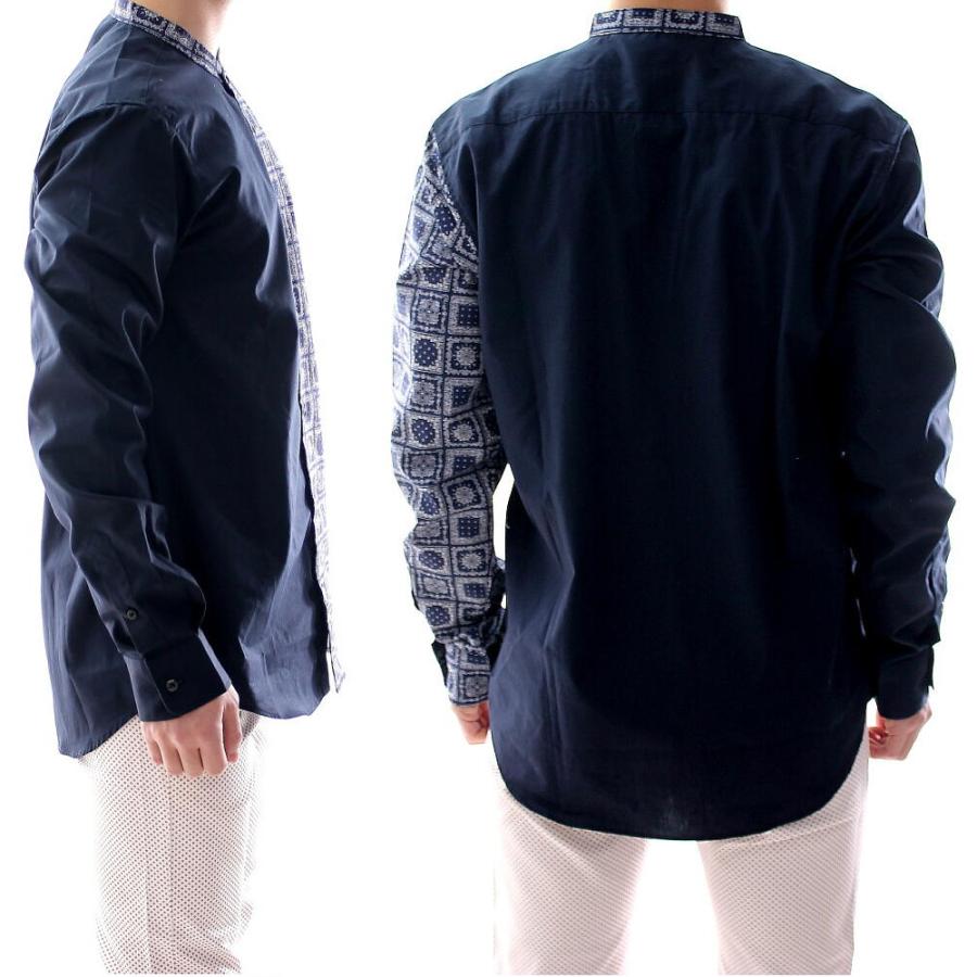 柄シャツ メンズ 長袖 バンダナ柄 綿100％ 長袖シャツ 黒/紺 スタンド