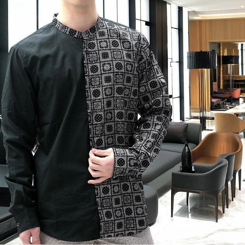 柄シャツ メンズ 長袖 バンダナ柄 綿100％ 長袖シャツ 黒/紺 スタンド
