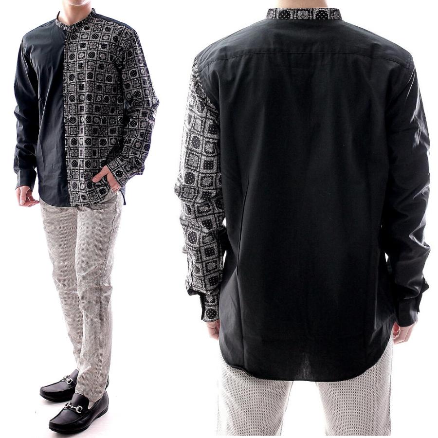 柄シャツ メンズ 長袖 バンダナ柄 綿100％ 長袖シャツ 黒/紺 スタンド