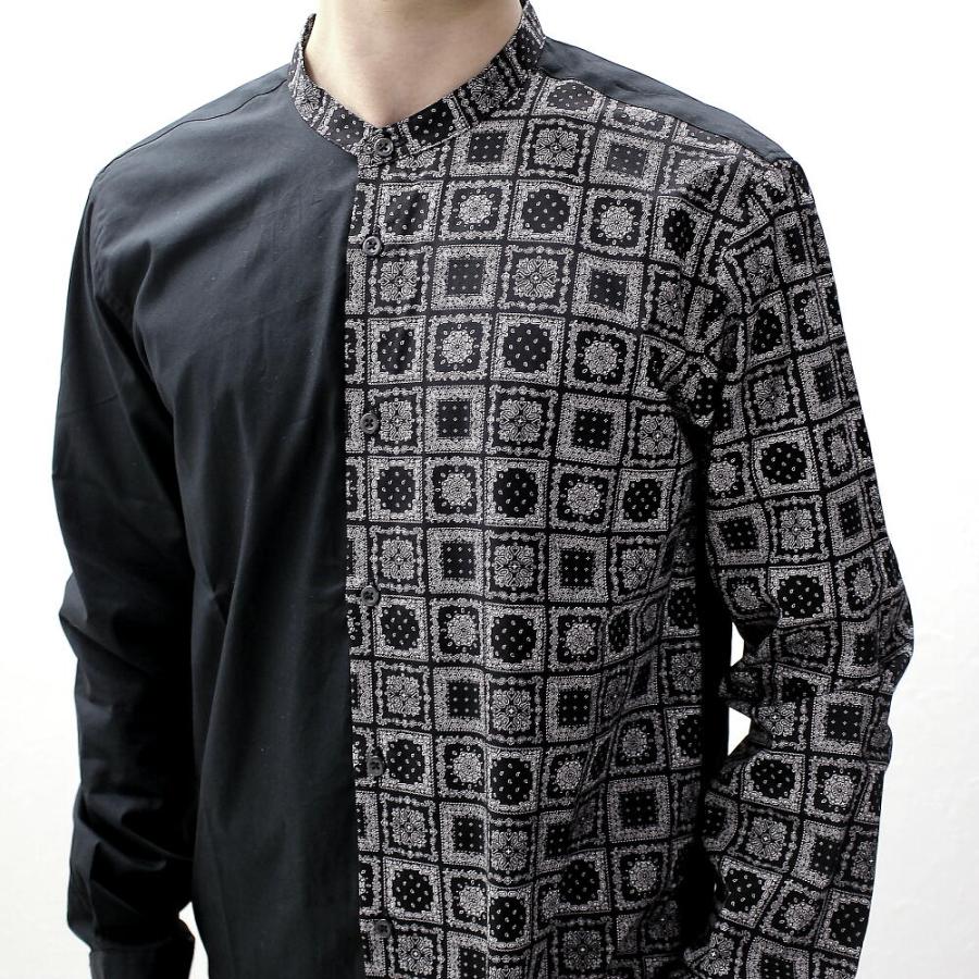 柄シャツ メンズ 長袖 バンダナ柄 綿100％ 長袖シャツ 黒/紺 スタンド