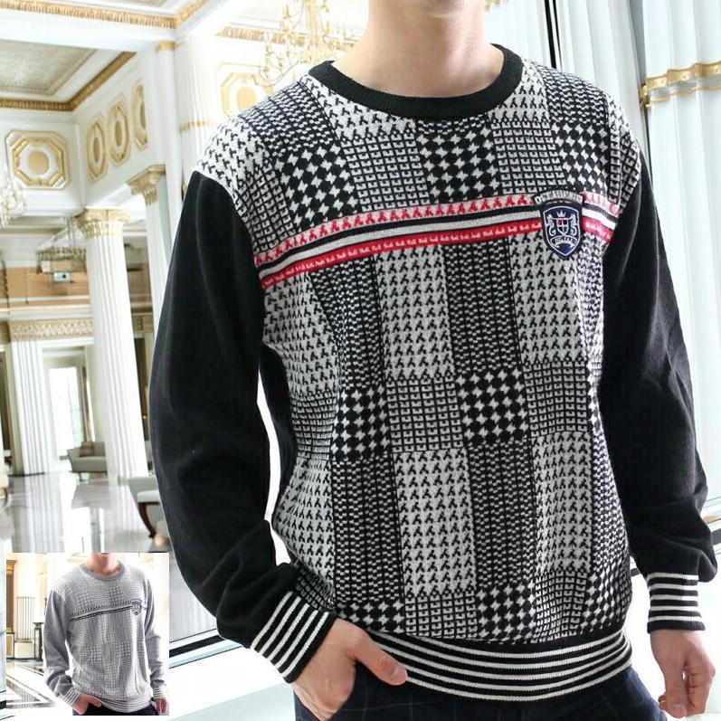 ニット クルーネックセーター メンズ チェック柄 薄地 薄手 春秋冬