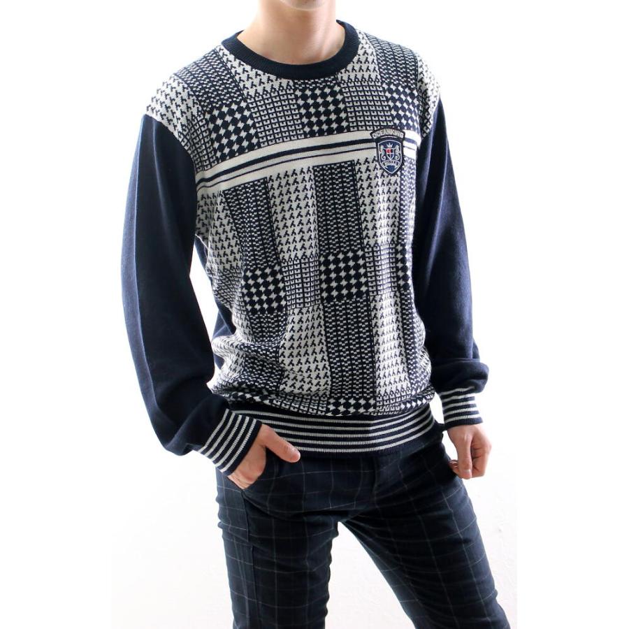 ニット クルーネックセーター メンズ チェック柄 薄地 薄手 春秋冬