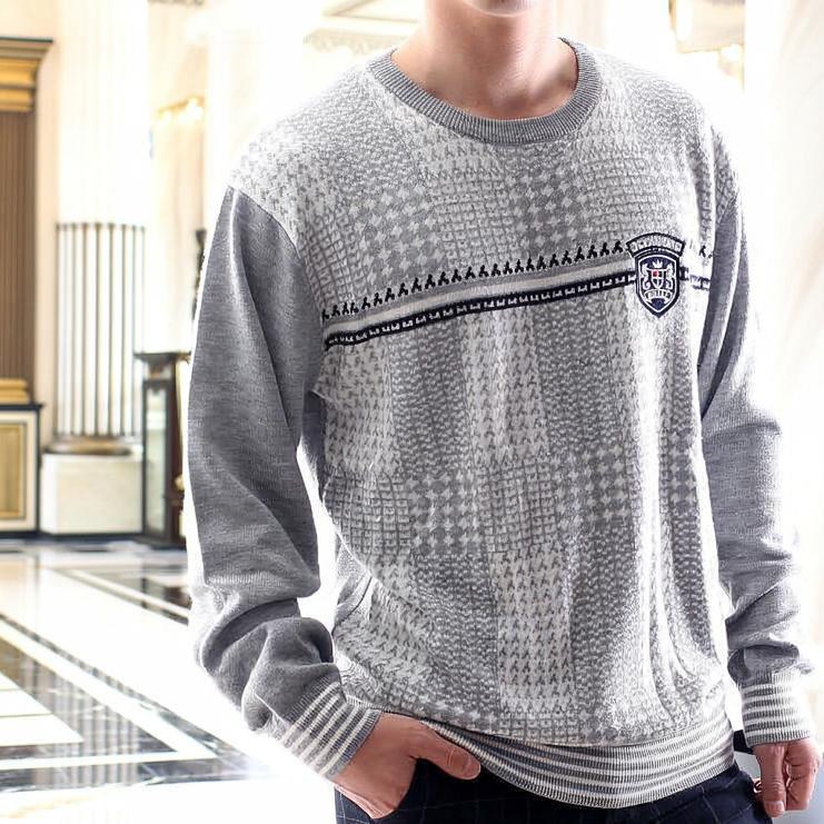 ニット クルーネックセーター メンズ チェック柄 薄地 薄手 春秋冬