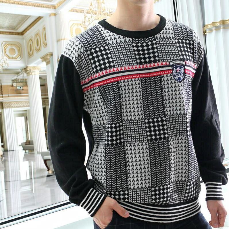 ニット クルーネックセーター メンズ チェック柄 薄地 薄手 春秋冬