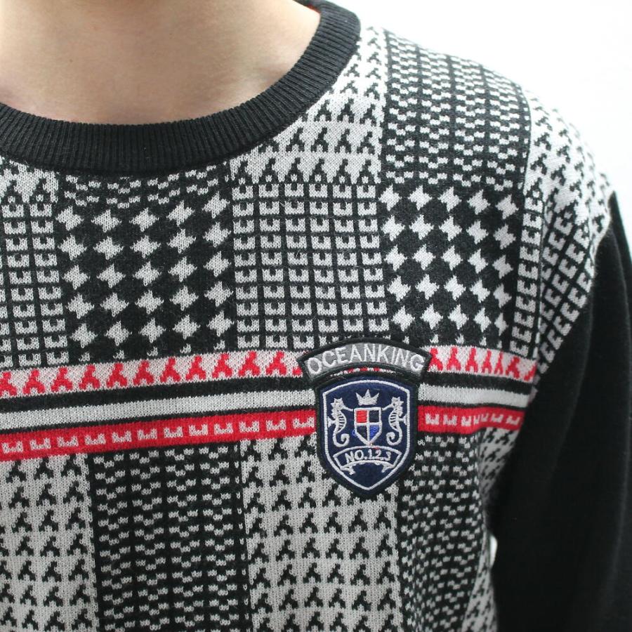 ニット クルーネックセーター メンズ チェック柄 薄地 薄手 春秋冬