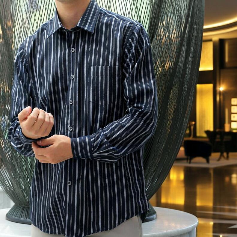 DECEMBER MAY ストライプシャツ Mサイズ ストライプシャツ 長袖シャツ メンズ ダークネイビーベース濃紺 ライト