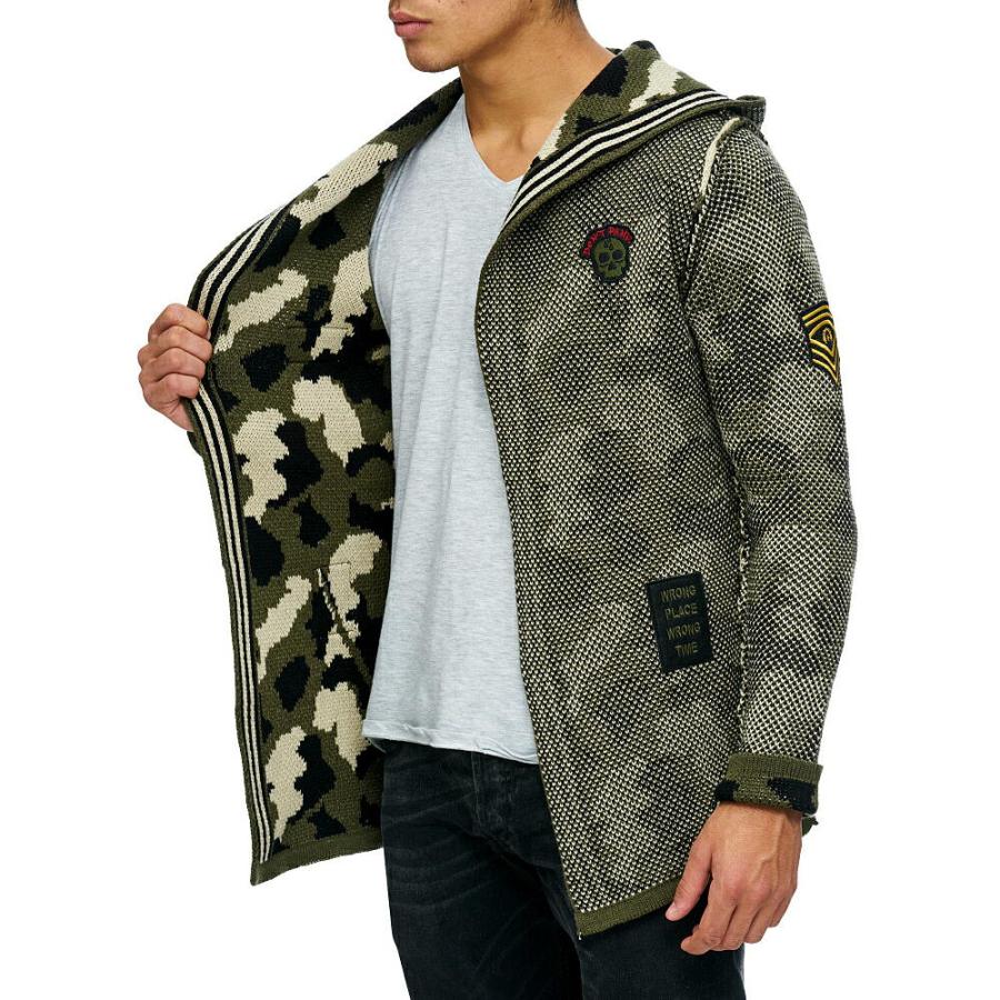 迷彩 コーディガン メンズ ニット パーカー ロングカーディガン