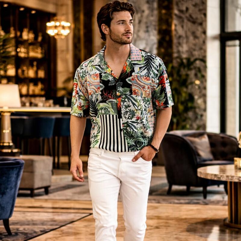 半袖シャツ 柄シャツ アロハシャツ 葉っぱ柄 海 花柄 開襟シャツ