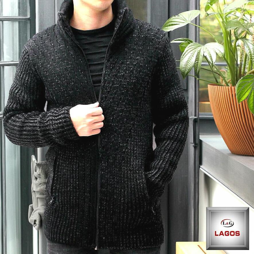 ニットジャケット スタンドカラー ハイネック 厚手 ローゲージ メンズ