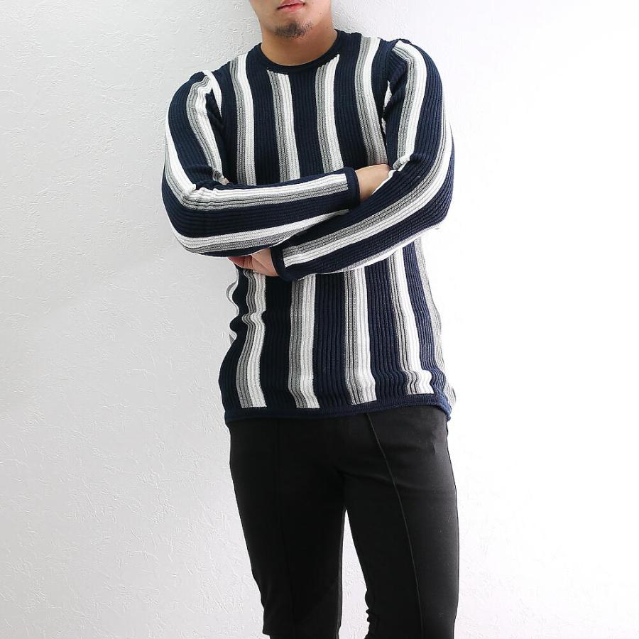 薄手のニット セーター ストライプ メンズ 紺グレー白 薄手 薄地