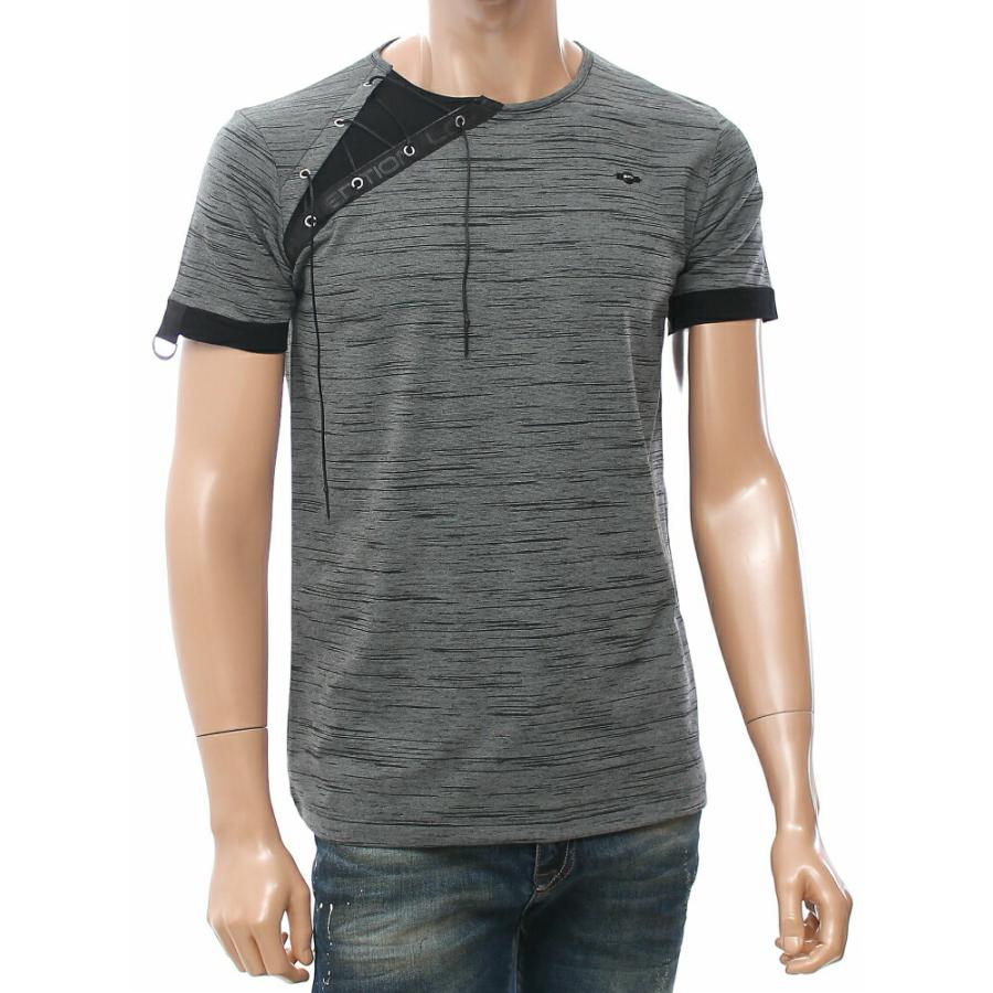 Tシャツ メンズ 半袖 編上げ 黒/白/グレー ロゴ ストレッチ