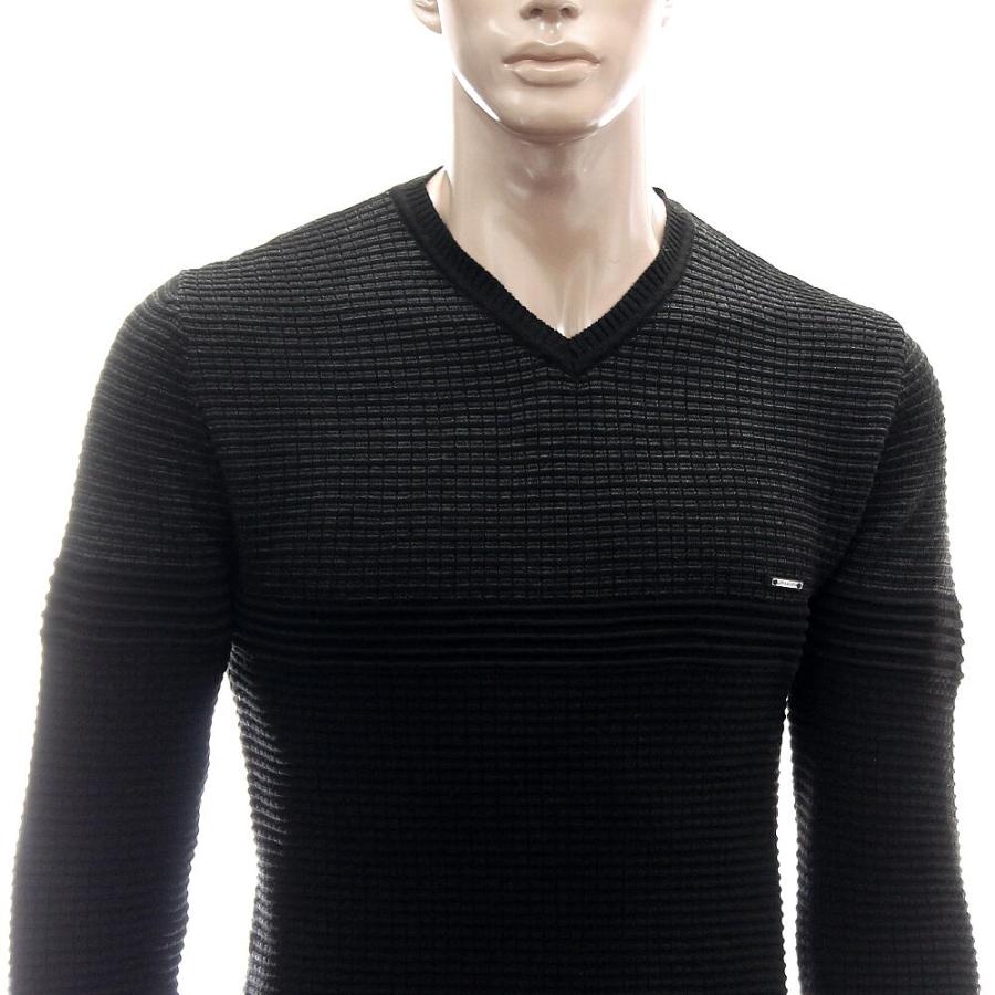薄手のニット Vネック セーター メンズ ボーダー編み ワッフル編み