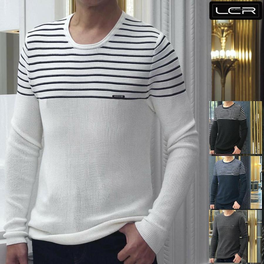薄手のニット セーター メンズ 胸ボーダー ワッフル 薄地 コットンニット 春 秋 冬 黒白グレー紺 キレイメ Lcr1575 Bin 1 Limitedヤフーショップ 通販 Yahoo ショッピング