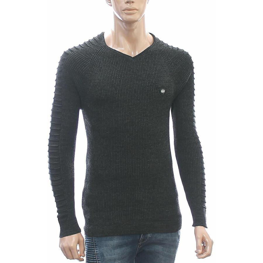 薄手のニット Vネック リブセーター メンズ 袖ボーダー編み 薄地 紺