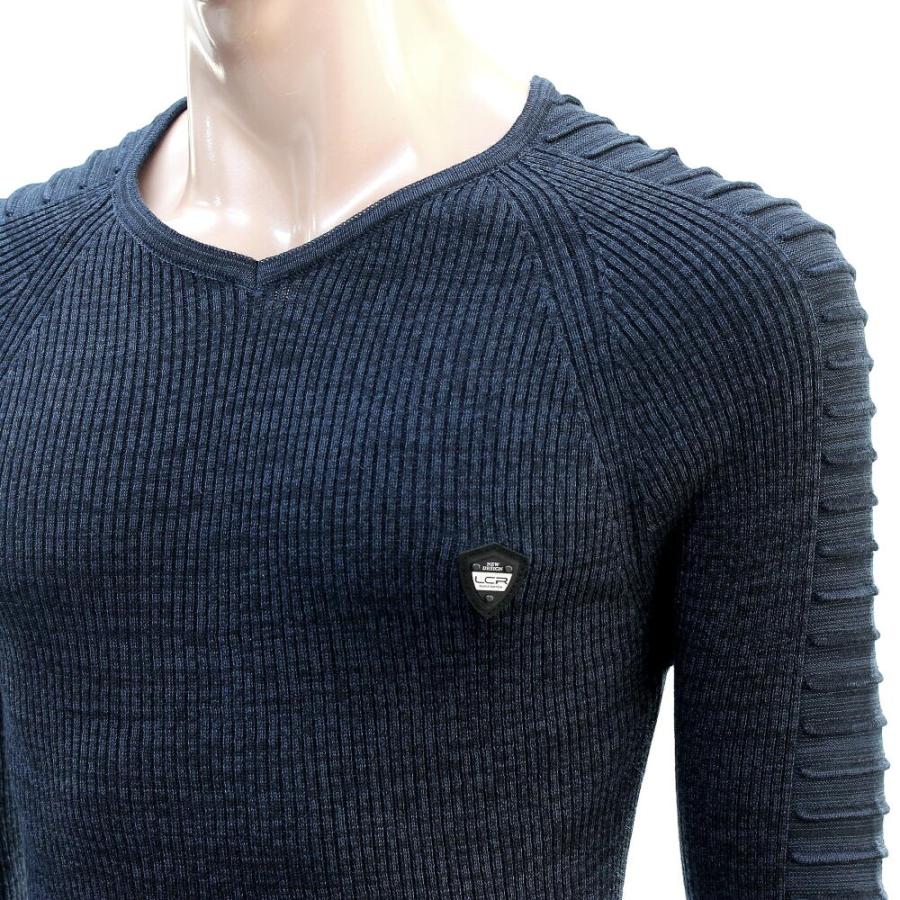 薄手のニット Vネック リブセーター メンズ 袖ボーダー編み 薄地 紺