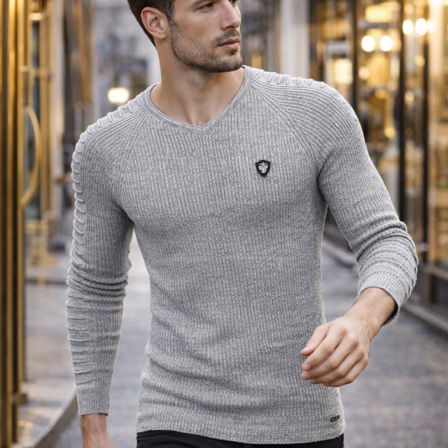 薄手のニット Vネック リブセーター メンズ 袖ボーダー編み 薄地 紺