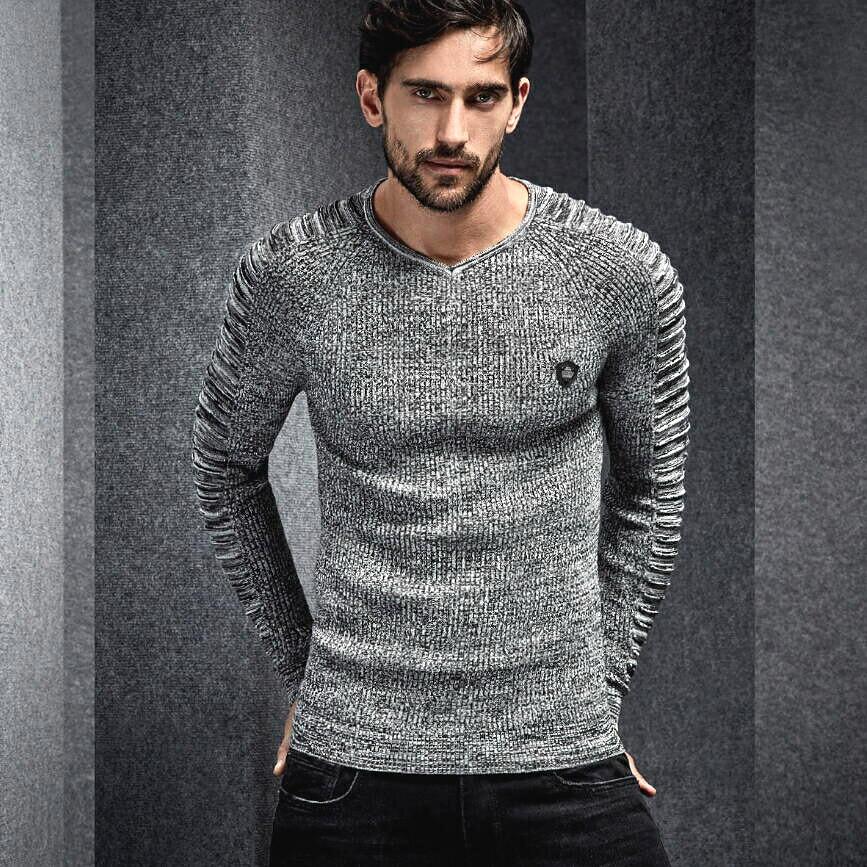 薄手のニット Vネック リブセーター メンズ 袖ボーダー編み 薄地 紺