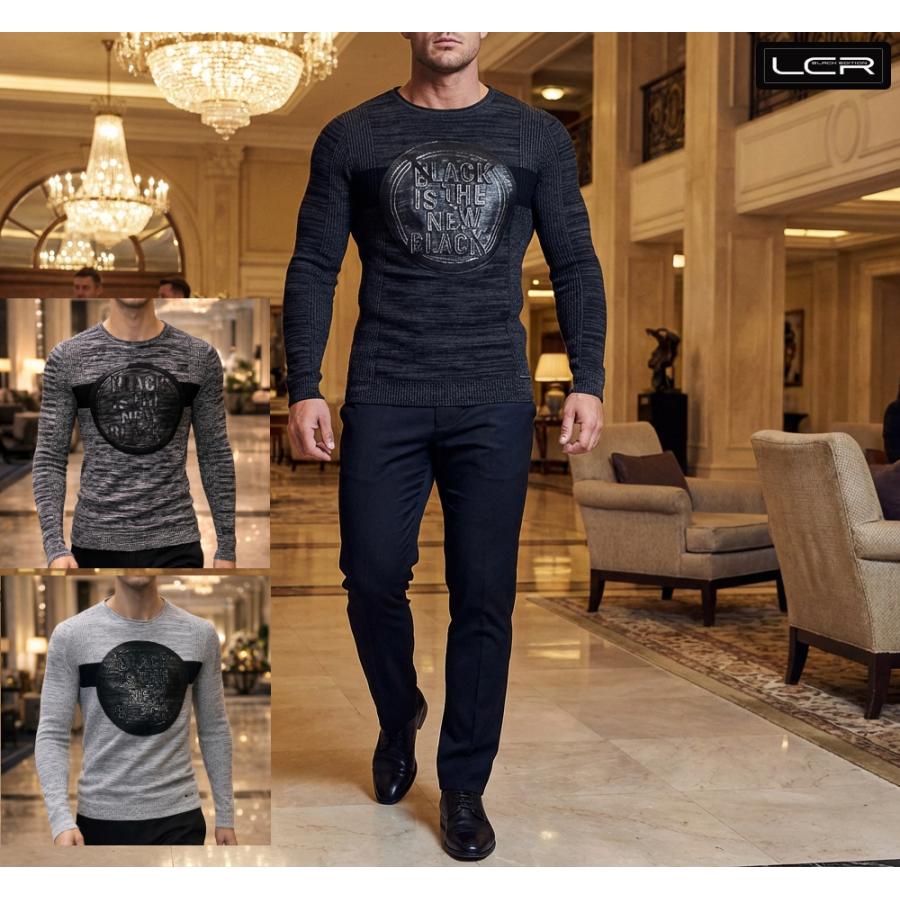 薄手のニット セーター メンズ クルーネック 薄地 黒グレー コットンニット 春 秋 冬 ロゴ リブニット 割引も実施中