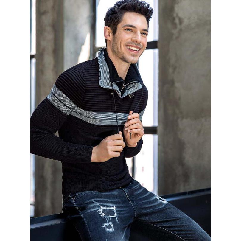 薄手のニット ハイネック モックネック セーター 2枚襟 ハーフジップ