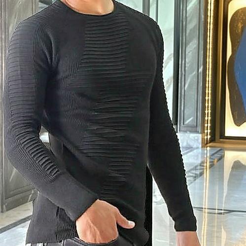 薄手のニット セーター メンズ タイト ボーダー リブ編み 薄手 薄地