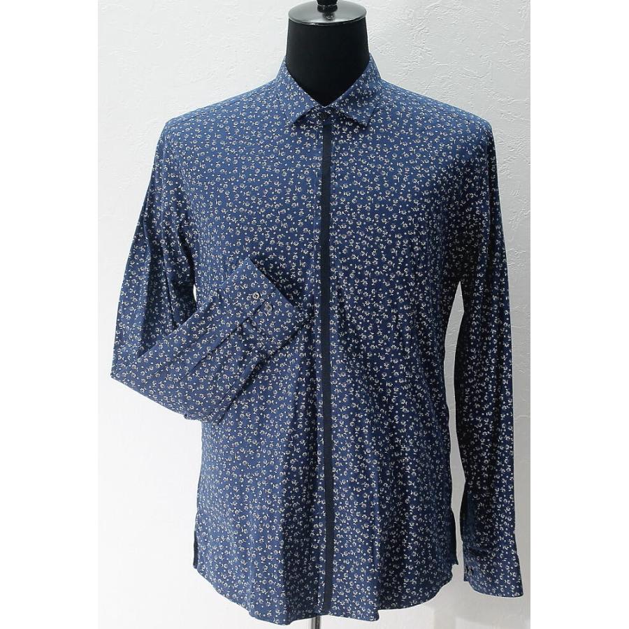 長袖シャツ カジュアルシャツ 花柄 ストレッチ メンズ 紺/白/黒/青