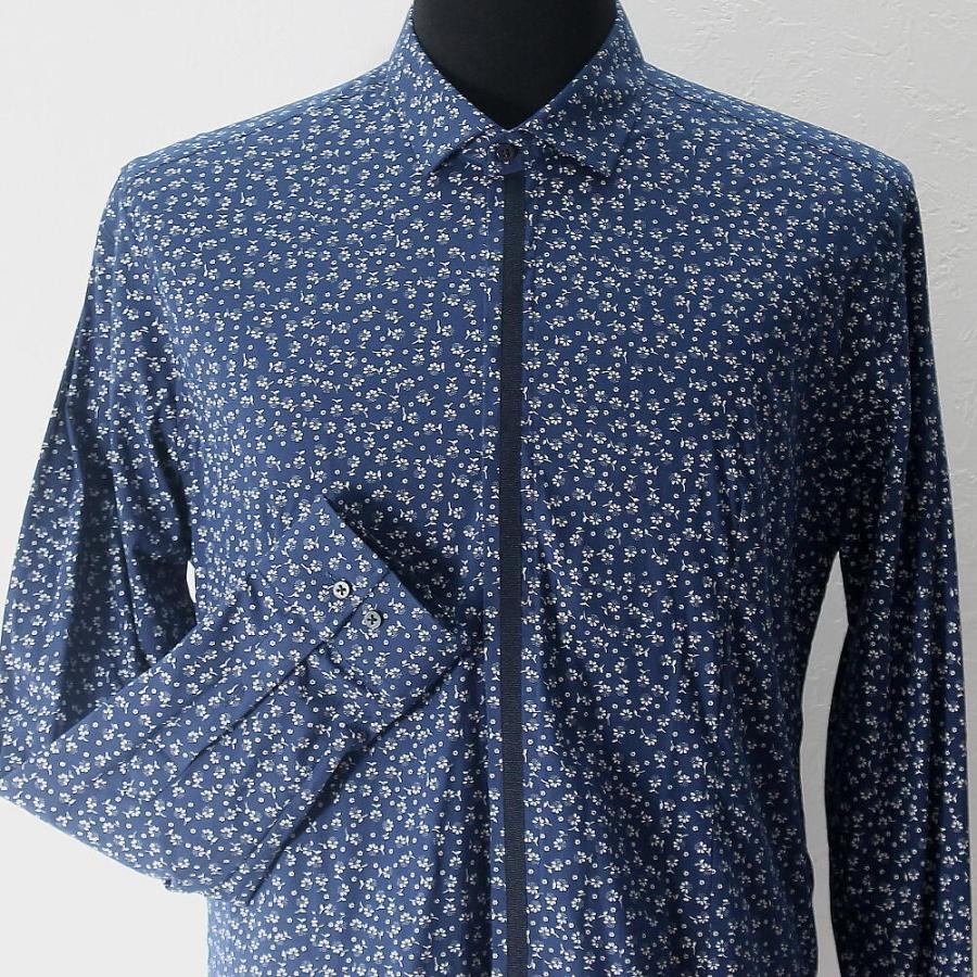 長袖シャツ カジュアルシャツ 花柄 ストレッチ メンズ 紺/白/黒/青