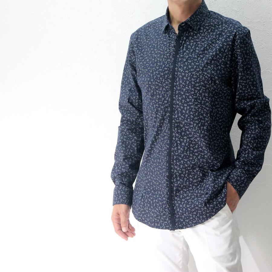 長袖シャツ カジュアルシャツ 花柄 ストレッチ メンズ 紺/白/黒/青