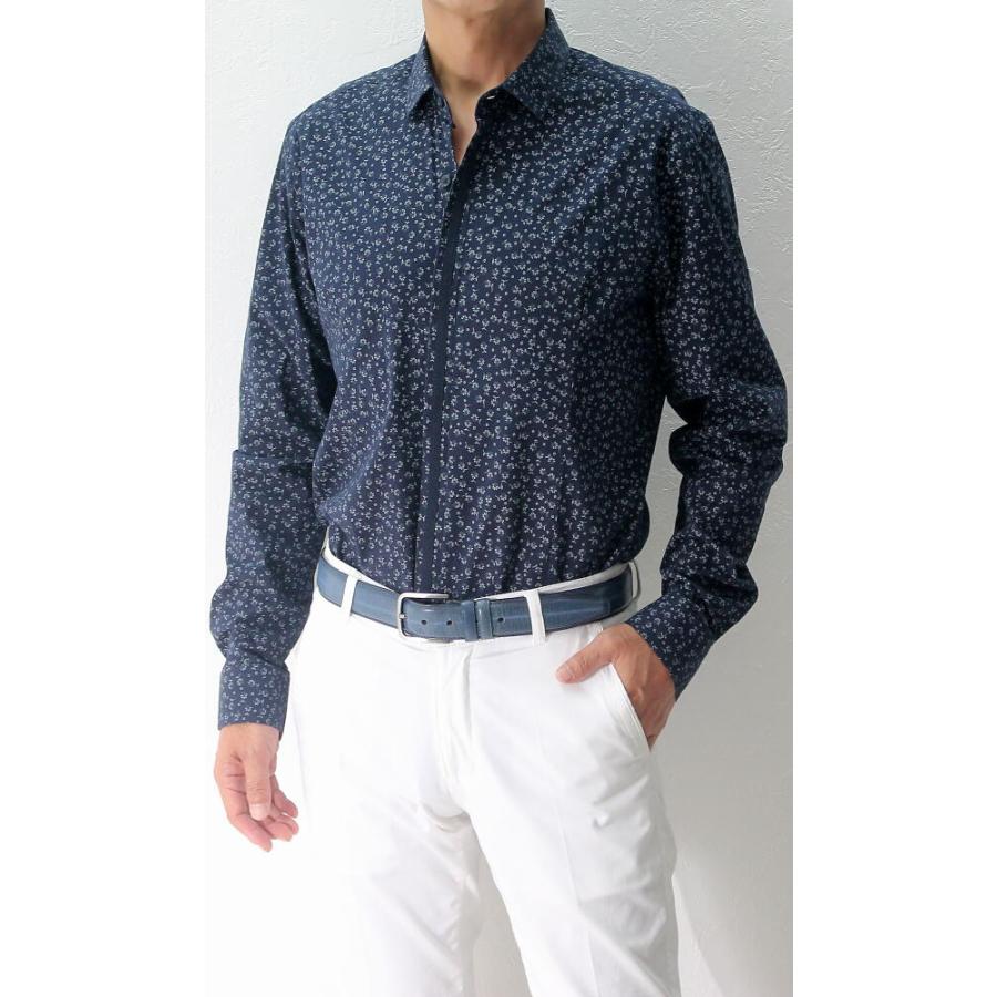 長袖シャツ カジュアルシャツ 花柄 ストレッチ メンズ 紺/白/黒/青