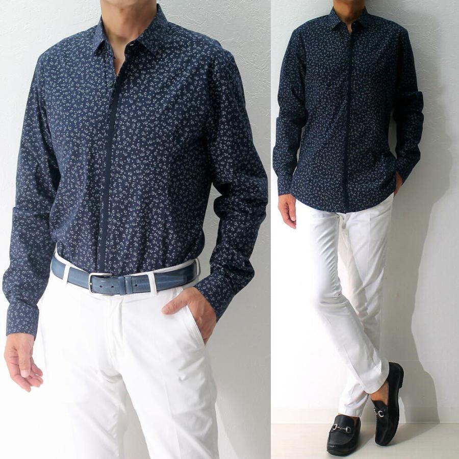 長袖シャツ カジュアルシャツ 花柄 ストレッチ メンズ 紺/白/黒/青