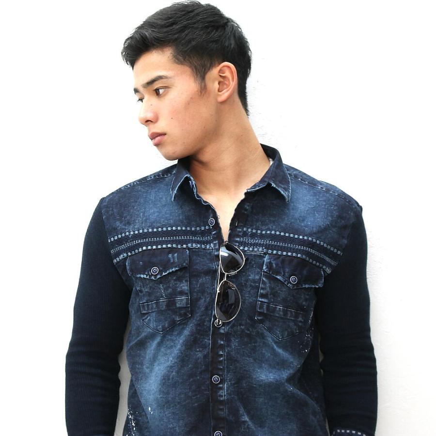ダンガリーシャツ デニムシャツ メンズ 袖ニット ペンキ散らし XXL