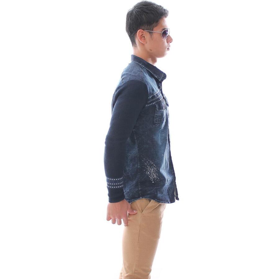 ダンガリーシャツ デニムシャツ メンズ 袖ニット ペンキ散らし Xxl 大きいサイズも入荷 Lcr3555 Bin 1 Limitedヤフーショップ 通販 Yahoo ショッピング