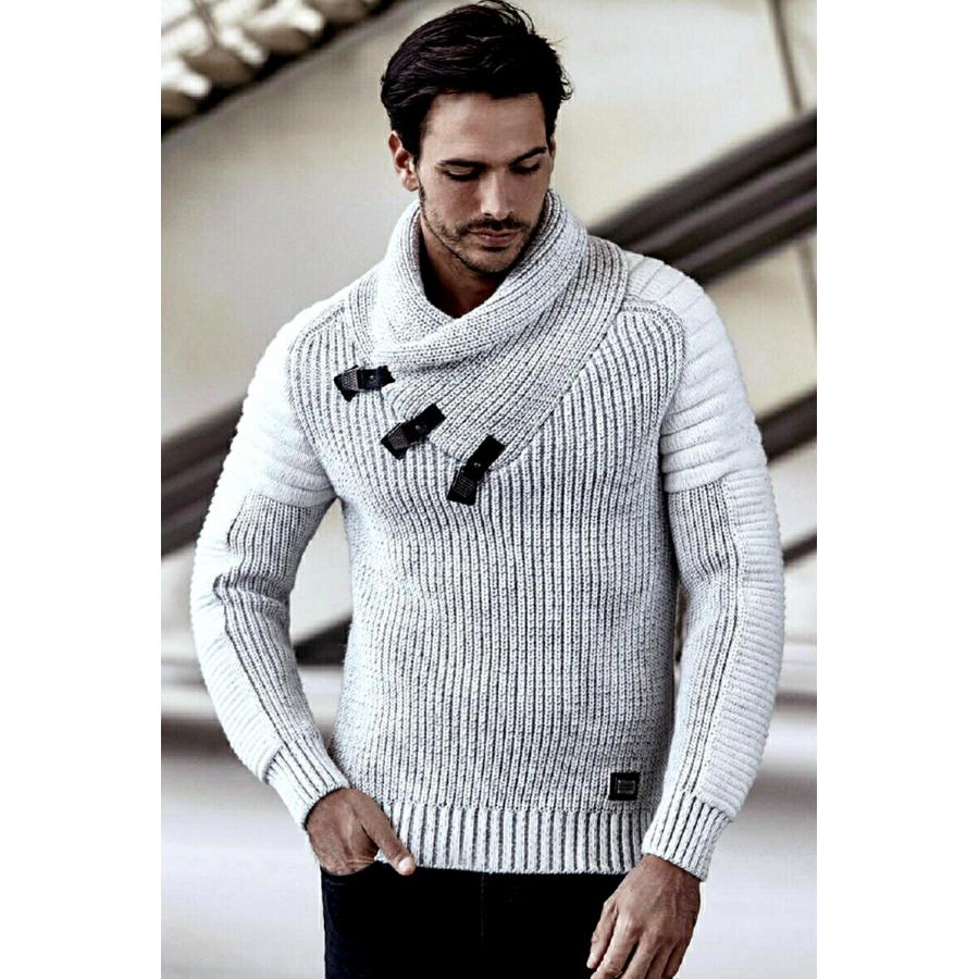 ハイネック セーター ニット ｖネック メンズ セーター 袖ボーダー編み 白黒 Lcr5225 Bin 1 Limitedヤフーショップ 通販 Yahoo ショッピング