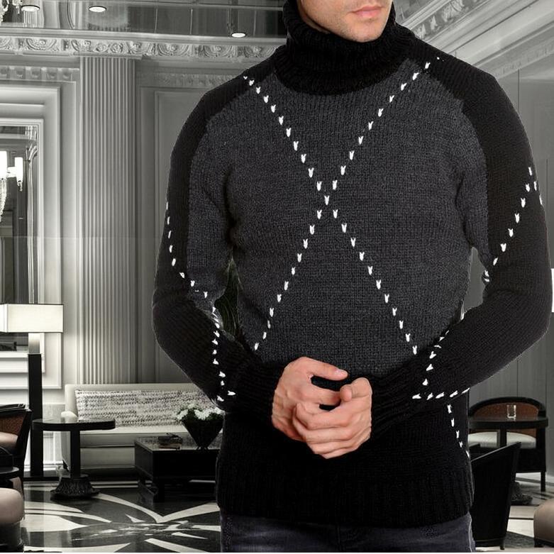 ローゲージニット メンズ セーター タートルネック ハイネック 厚手 黒