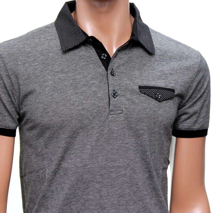 V12半袖ポロシャツ　メンズL 半袖 ポロシャツ メンズ 襟 水玉 胸ポケット ドット グレー黒