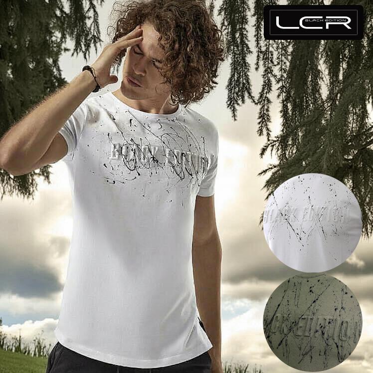 Tシャツ メンズ 半袖 立体ロゴ ペンキ散らしプリント クルー