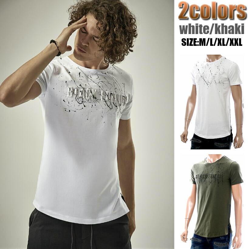 Tシャツ メンズ 半袖 立体ロゴ ペンキ散らしプリント クルーネック 