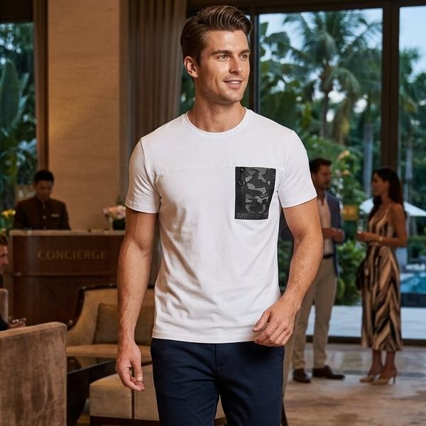 Tシャツ メンズ 半袖 クルーネック 丸首 迷彩柄ポケット カモフラ 黒 