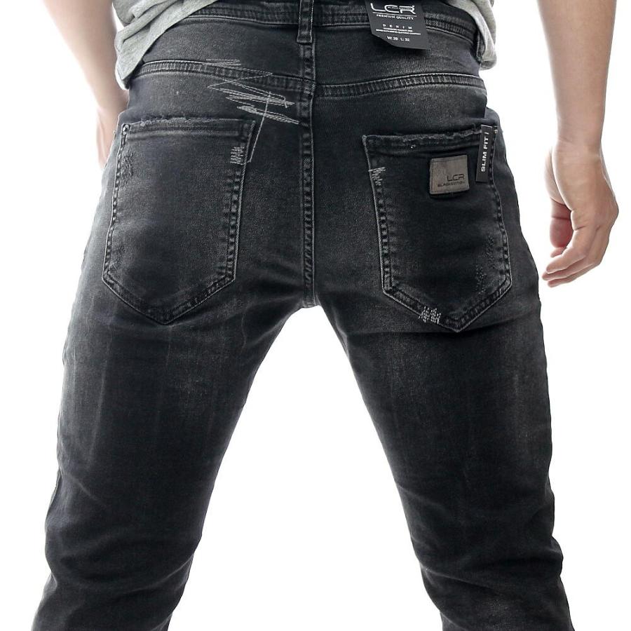 スキニー デニム メンズ ストレッチ ジグザグミシン ダメージ 黒