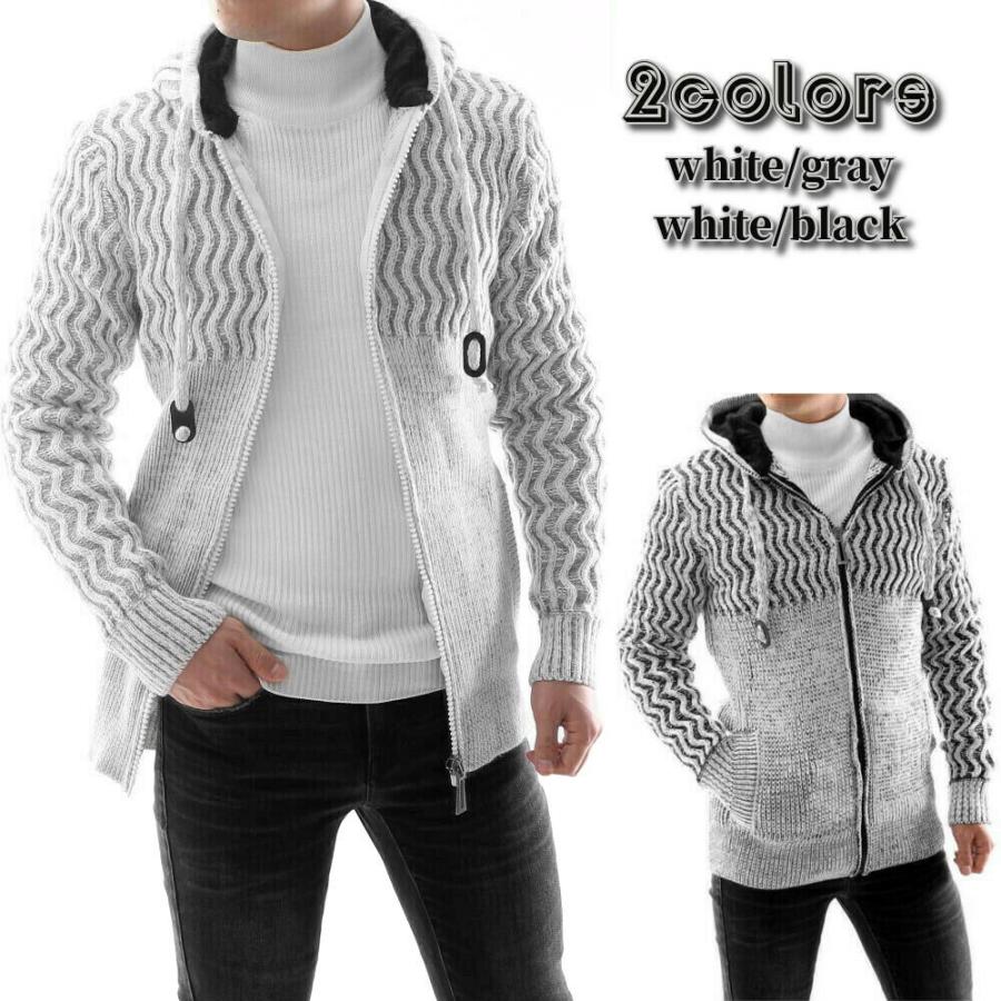 ニットパーカー ジップアップ ローゲージ セーター ニット 厚地 メンズ 秋 冬 厚手 白グレー ニットジャケット 正規激安