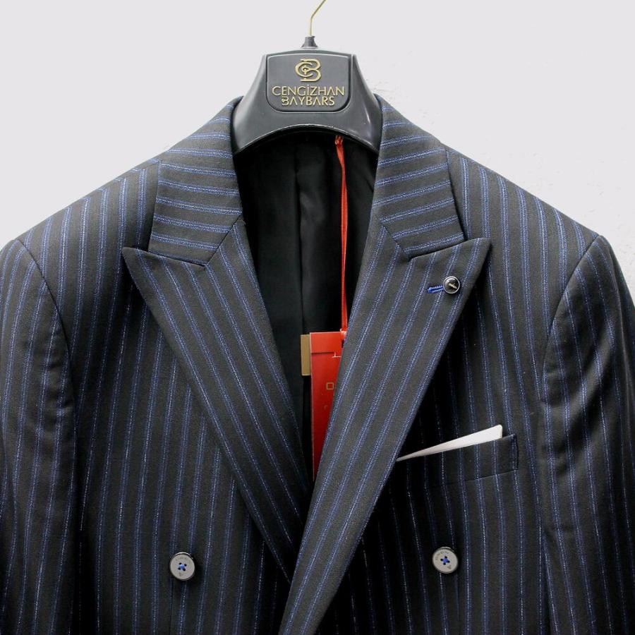 テーラードジャケット ダブル ブレザー メンズ 黒/青 ストライプ