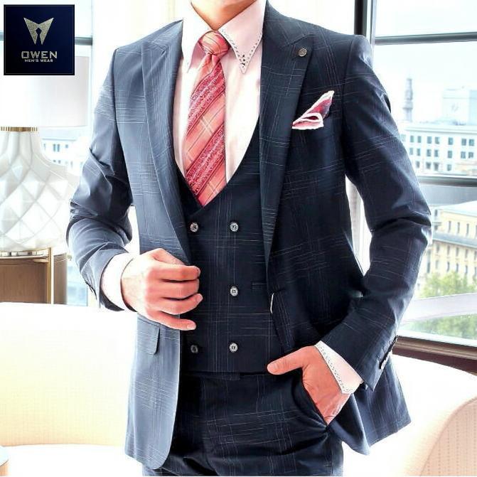 テーラードジャケット セットアップ ブレザー ジレ チェック メンズ 紺