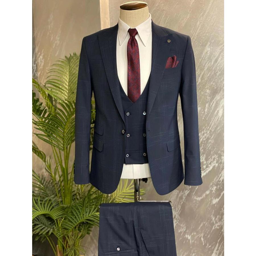 テーラードジャケット セットアップ ブレザー ジレ チェック メンズ 紺