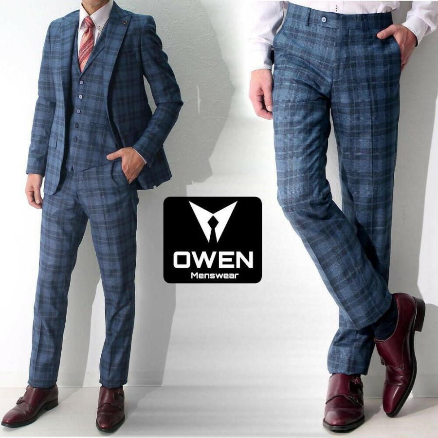 スラックス メンズ スリム テーパード パンツ 青/紺 チェック 春/秋/冬